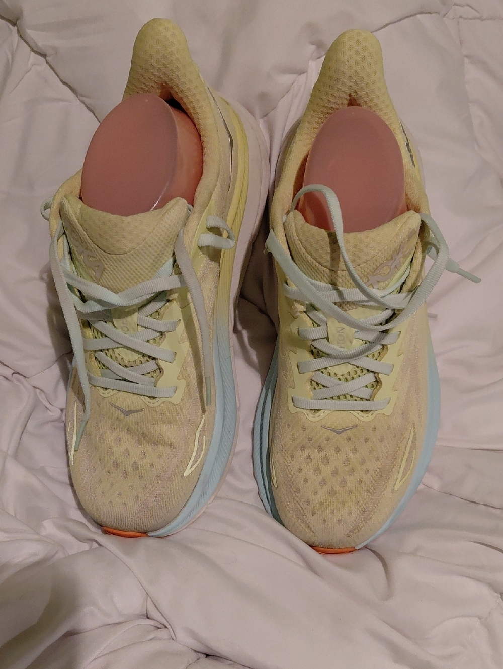 Hoka One One Women's Pale Yellow and Light Blue Running Sneakers